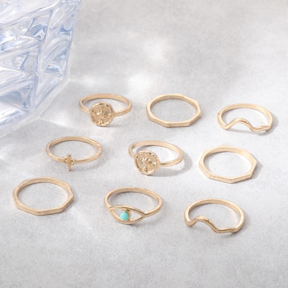 Set Ring, Stylish And Simple Wave Cactus Gold 9-Piece Set Ring Jewelry.