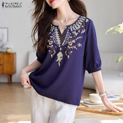 Ethnic Print Casual V-Neck Women 3/4 Sleeve Loose Blouse