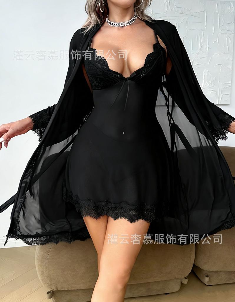 European and American lace sexy pajamas adult erotic underwear perspective women's mesh suspender nightdress