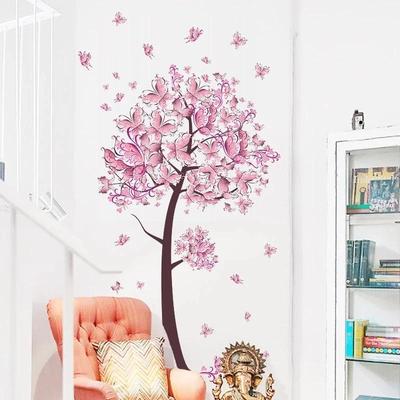 Pink Butterfly Flower Tree Wall Stickers Decals Girls Women Flower Mural Vinyl Wallpaper Home Wall Stickers for Kids Rooms
