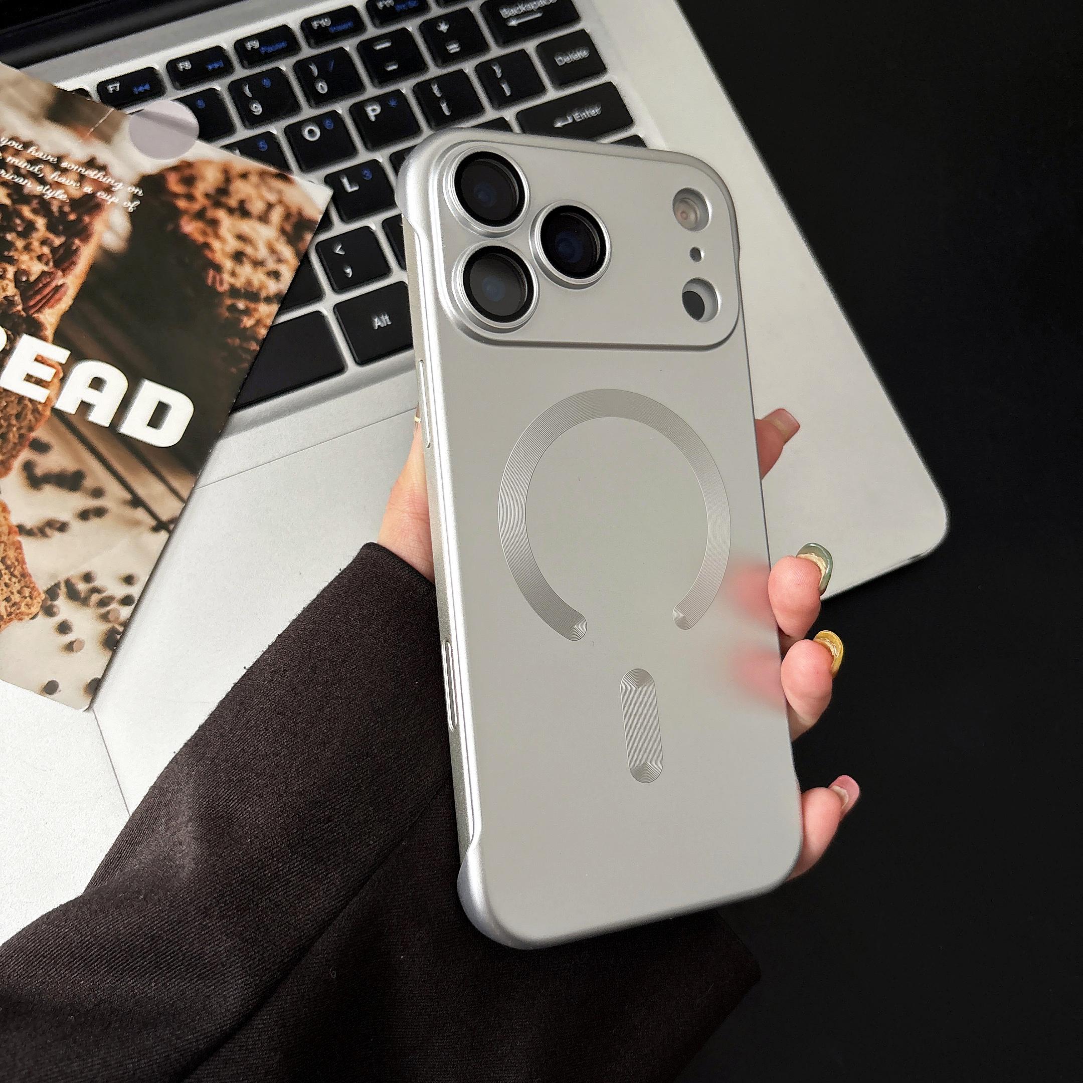 

Ультратонкий безрамочный чехол из ПК для iPhone 17 Pro Max 14 15 Plus Air 11 12 13 16 Pro Для Magsafe Магнитная металлическая текстура iPhone 14 Plus