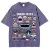 Vintage-style Men's and women's T-shirts with various shark prints high-quality washed and distressed casual short sleeves