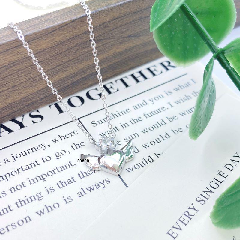 Irregular Heart and Angel Wings Sterling Silver Pendant Necklace 925 Silver
