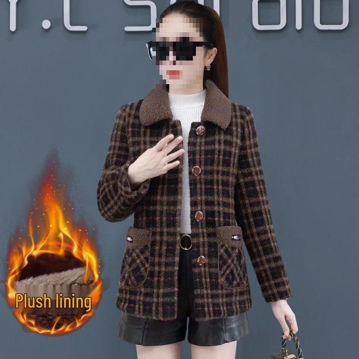 

Plaid Square-Neck Jacket for Middle-Aged Women - Autumn/Winter 2023 Fashion L кавовий
