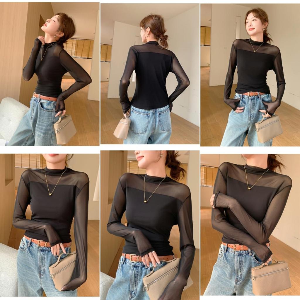 Weuiean Pulovr s vysokým límcem Dlouhý průsvitný tyl Velikost Dámský Průsvitný top, Rukáv, Strečový, SCWS-55 (Černý, M)