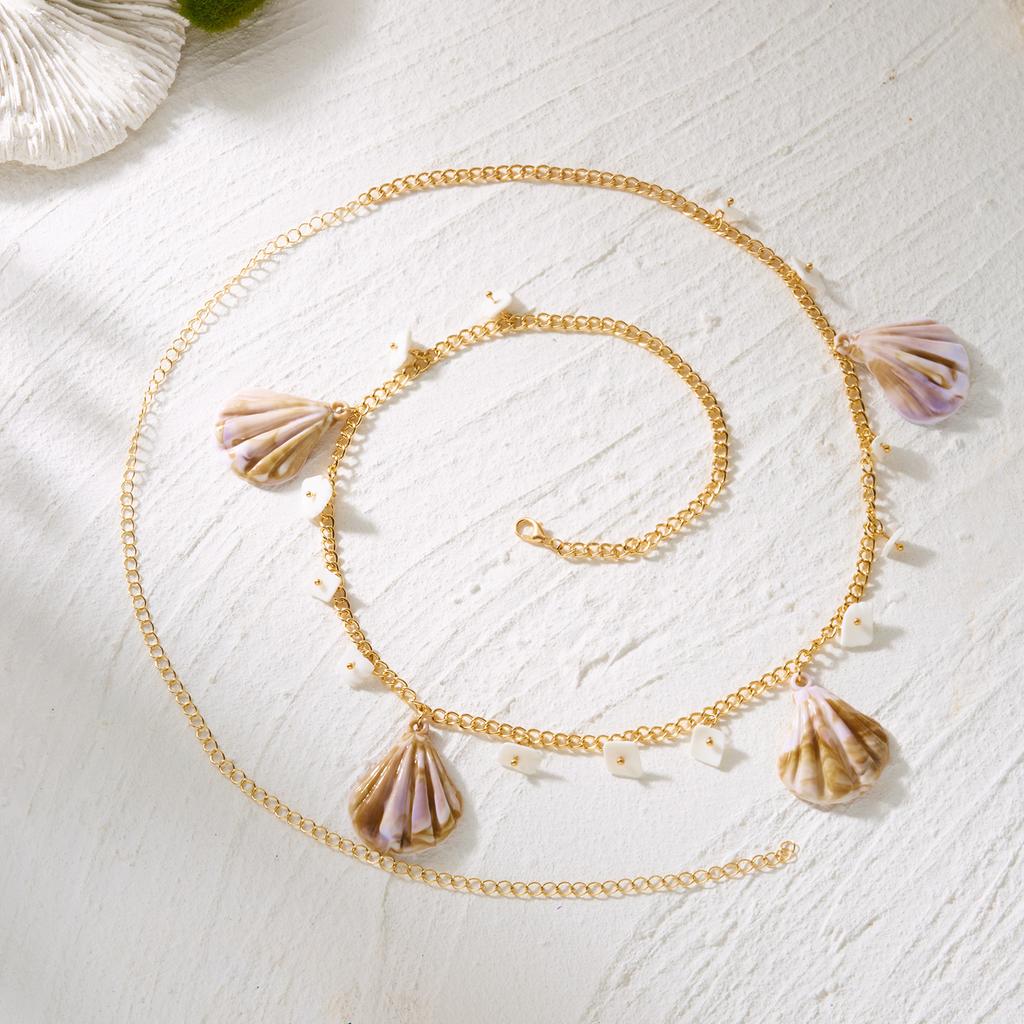 Ocean Series Boho Starfish Conch Pendant Waist Chain for Women Double Layer Imitation Pearl Beaded Belly Chain Body Jewelry