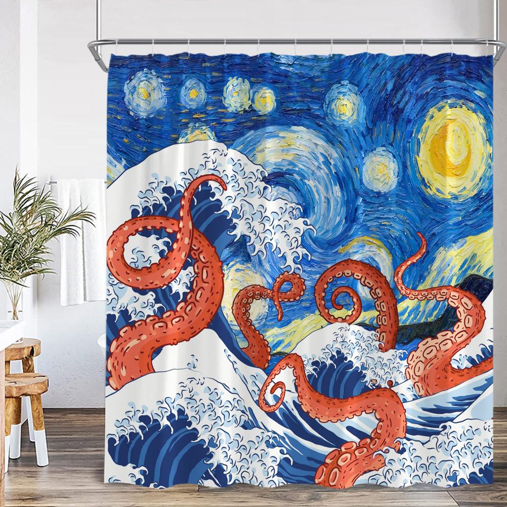 Octopus Nautical Shower Curtain Ocean Animal Wave Marine Life Map Vintage Bathroom Decor Sea Kid Child Bath Curtain With Hook