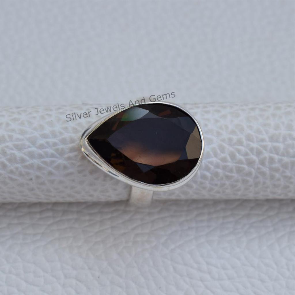 Natural Smoky Quartz Ring, 925 Sterling Silver Ring, Teardrop Smoky Ring, Gift for Her, Capricorn Birthstone Ring, Handmade Ring