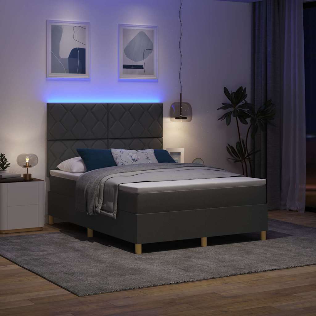 LED Box Spring Bed with Headboard Dark Gray 140 X 190 Cm Fabric