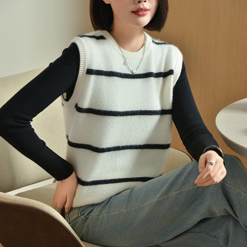 Fanzhen Women's 100% Wool Striped Sleeveless Knit Vest
