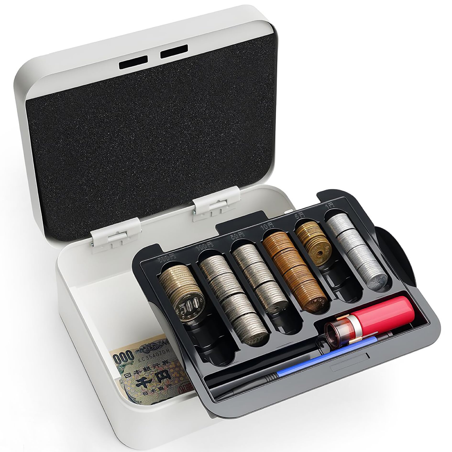 

Small Portable Safe for Money Management, Holds Coins of All Denominations, B6 Size, Home/Office Use, Dial Lock, White