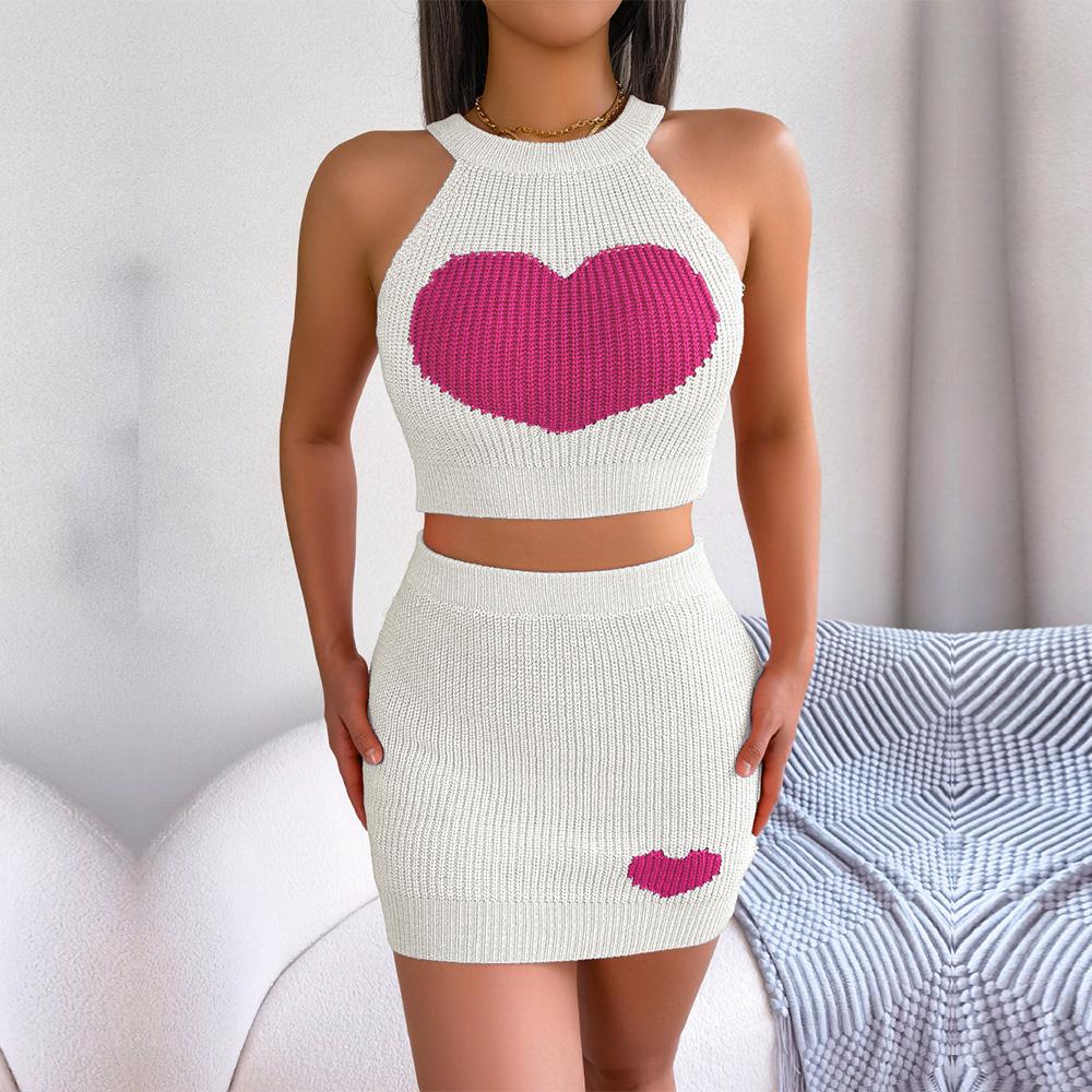 Women Spring Summer  Halter Neck  Sleeveless Heart Knitted Warp Hip Skirt Suits