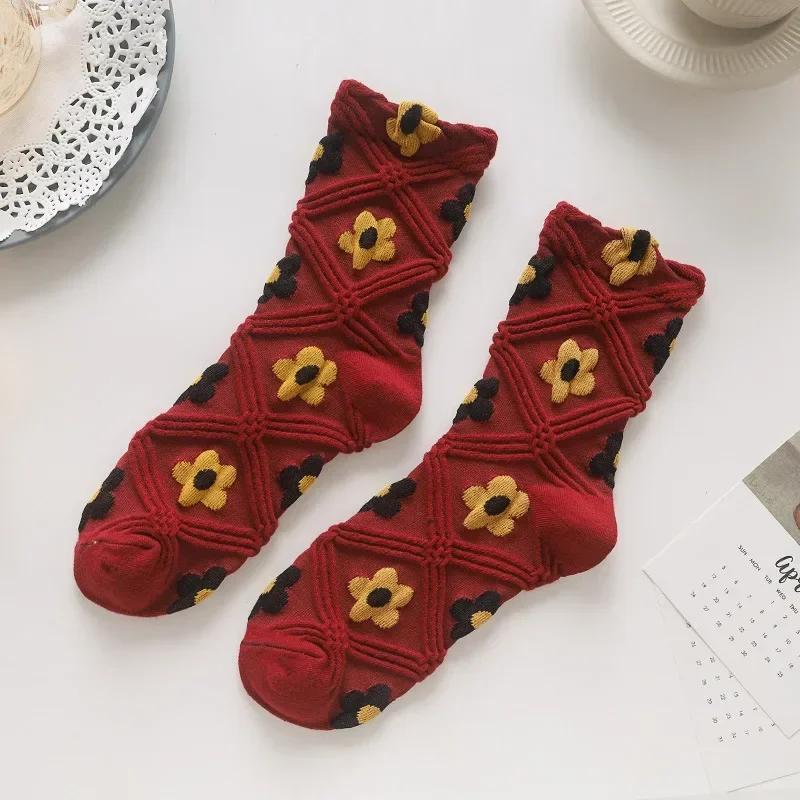 Women Socks Korean Japanese Style Cartoon Green Flower Harajuku Cute Kawaii Mid Tube Socks Breathable Casual Short  Cotton Socks