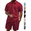 Men's Casual Breathable Button-down Placket Polo Shirt Solid Color High-quality Stand-up Collar Short-sleeved Shorts Set