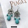 Temperament Retro Turquoise Earrings, Ancient Silver Water Drop Fringed Earrings, Women's Versatile Long Ear Jewelry
