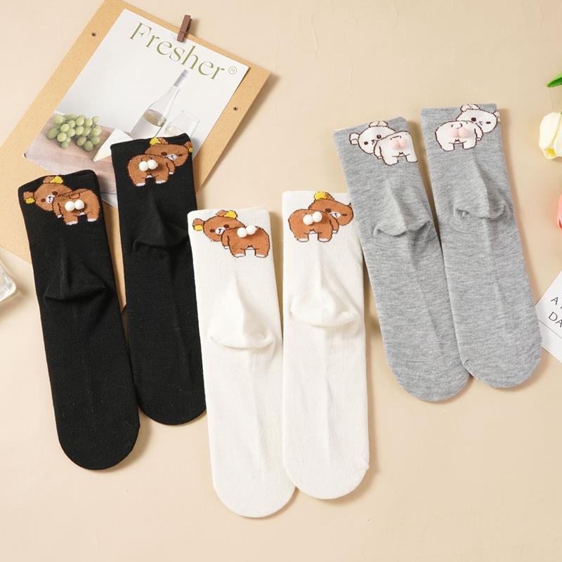 Black White Gray Bear Ankle Socks Cartoon Cute Breathable Sweat-Absorbent Low-Cut Socks for Women