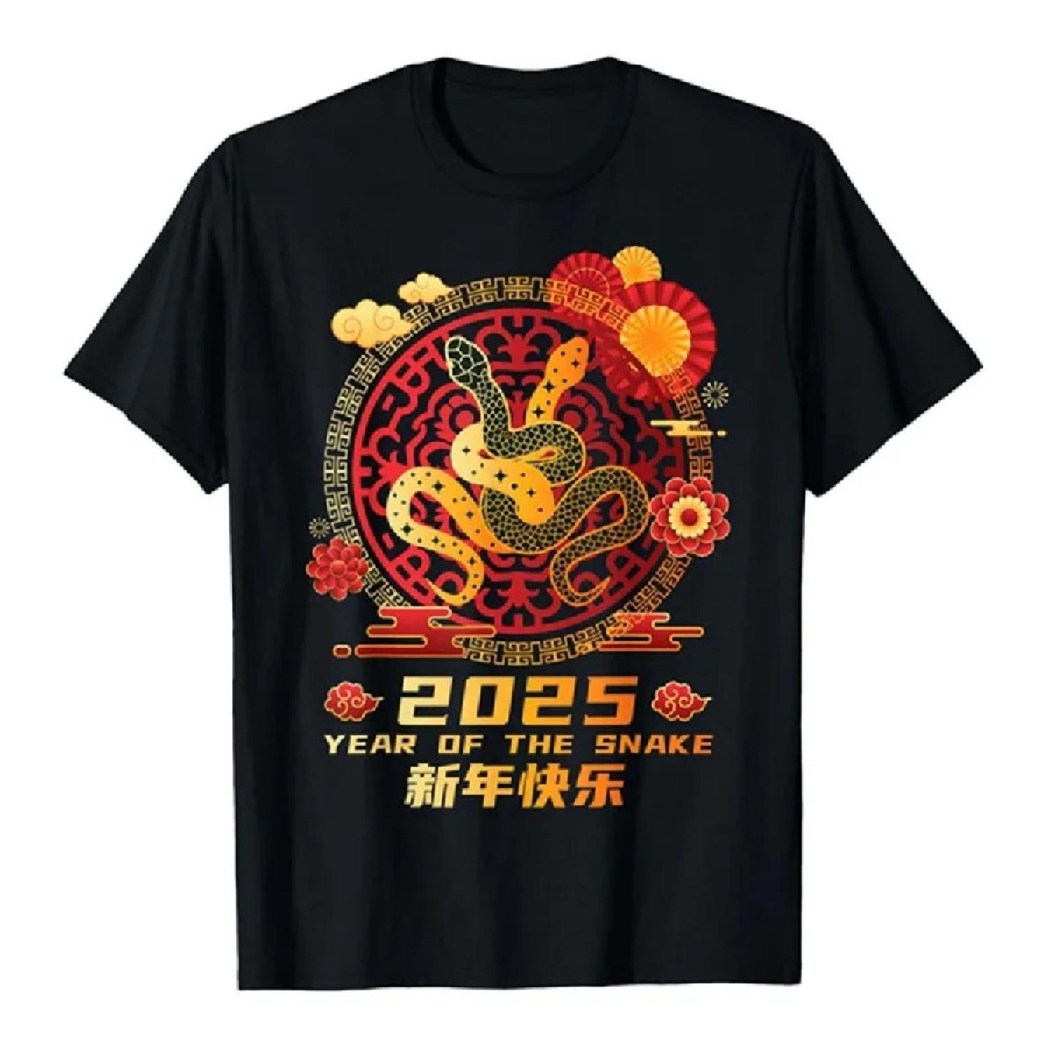 

Black Color Snake Year T-shirt For Men 3D Printed Traditional Chinese New Year Pattern Short Sleeves Tops Women Crew Neck Tees XXXXXL чёрный