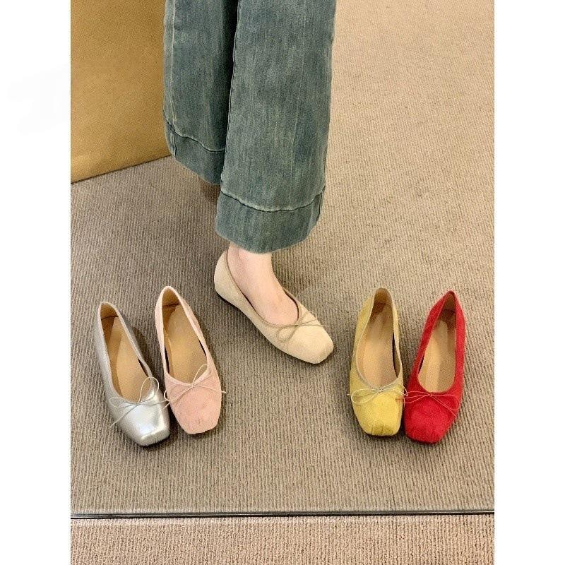 Small Silver Single Shoes Women's Shoes Spring and Autumn Platform Niche Bow Ballet Evening Ladyshoes