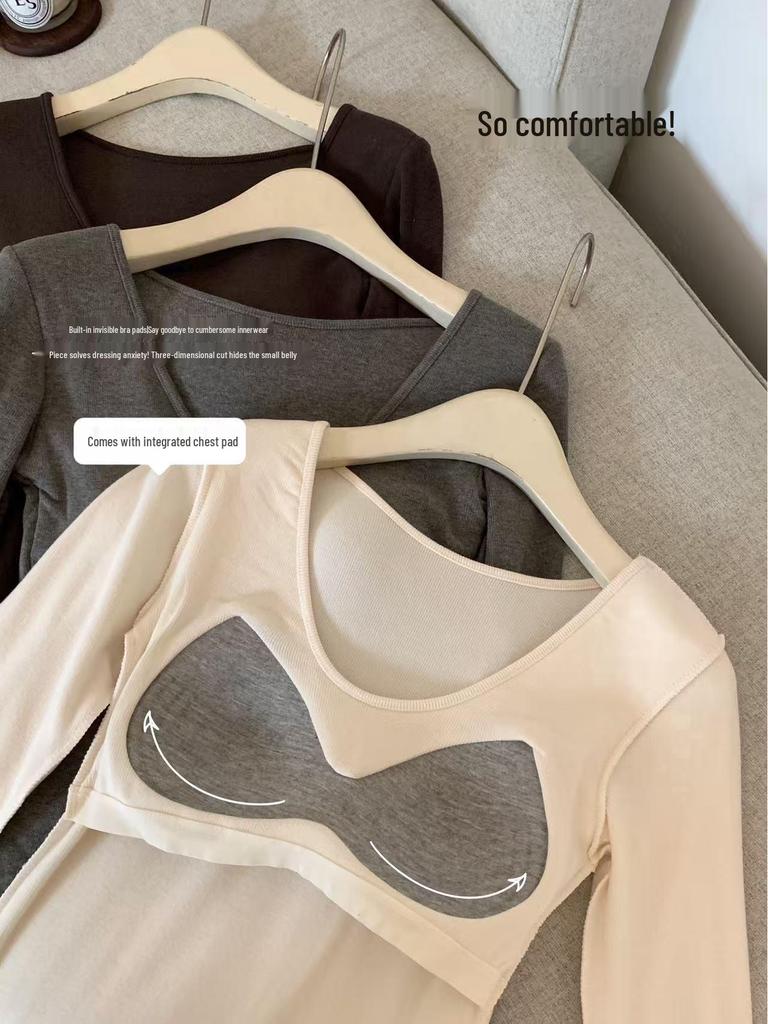 Women's Warm U-Neck Pearl Velvet Ribbed Base Layer Top - Autumn/Winter Style