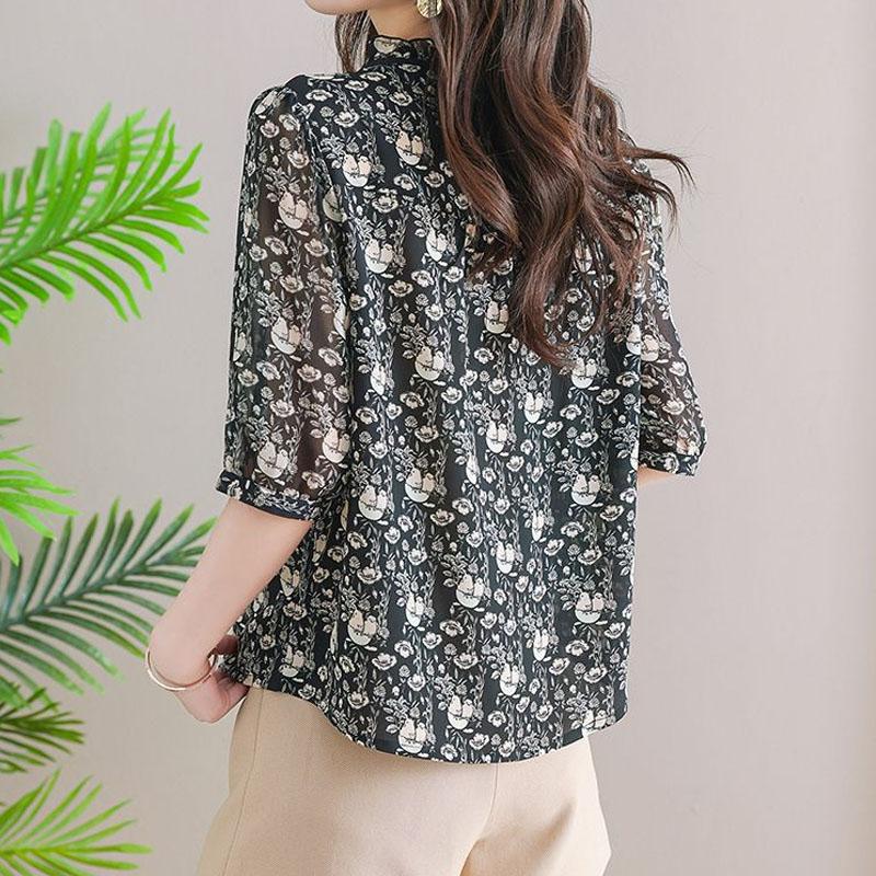 Elegant Temperament Printed Chiffon Blouse for Women Summer Fashion All-match Short Sleeve Shirt Summer Female Clothing
