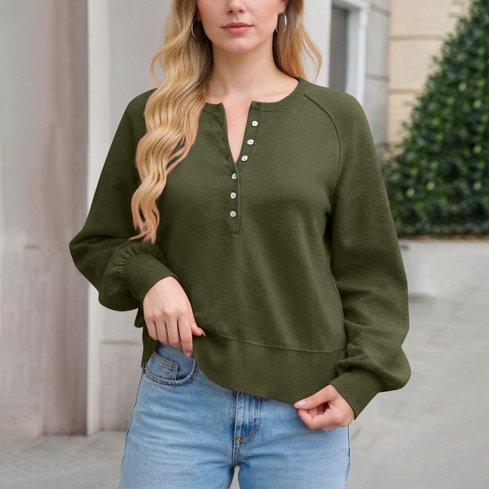 

Women s Button Neck SweaterLong Sleeve Henly Fashion Loose Knit Pullover L армия зеленый