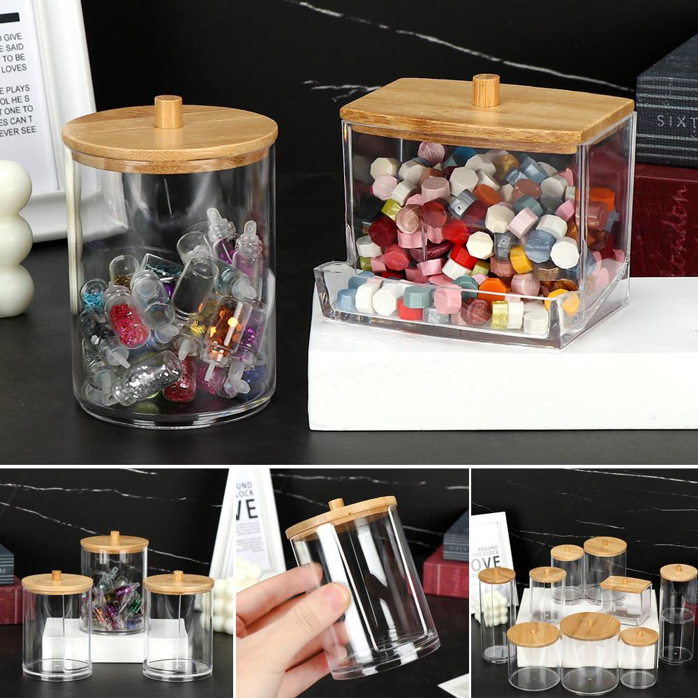 

Clear Container with Bamboo Lid Cotton Swabs Rod Bottle Storage Box Makeup Cotton Pad Organizer J