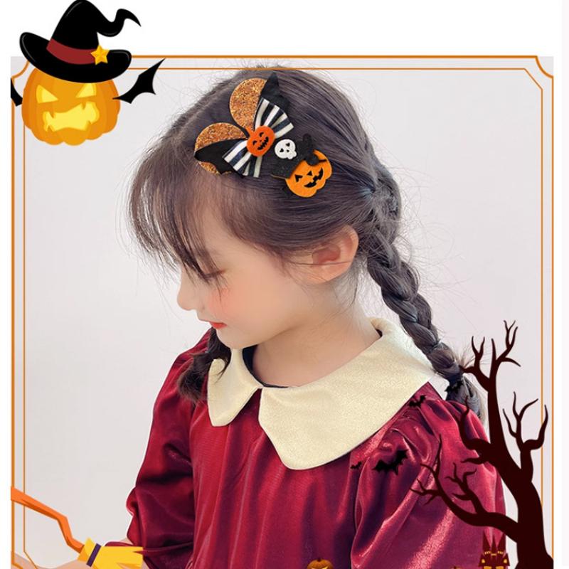 Halloween Children's Hair Accessories, Pumpkin Ghost, Funny Handmade Hair Clips, Black Bat Bow, Girl Party Hair Clips