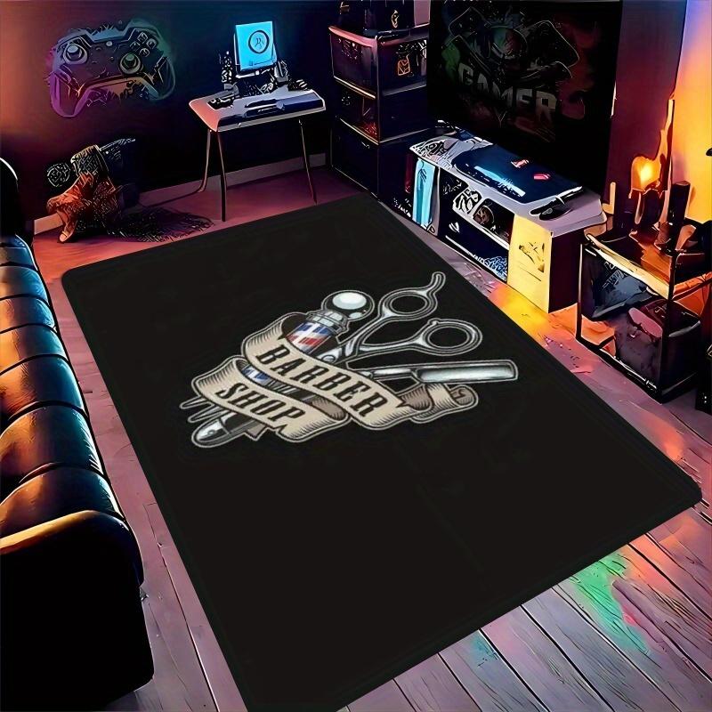 Flannel Printed Barber Shop Rug Black White Design Barbershop Theme Decor Soft Floor Mat For Salon Stylist Home Office And Man