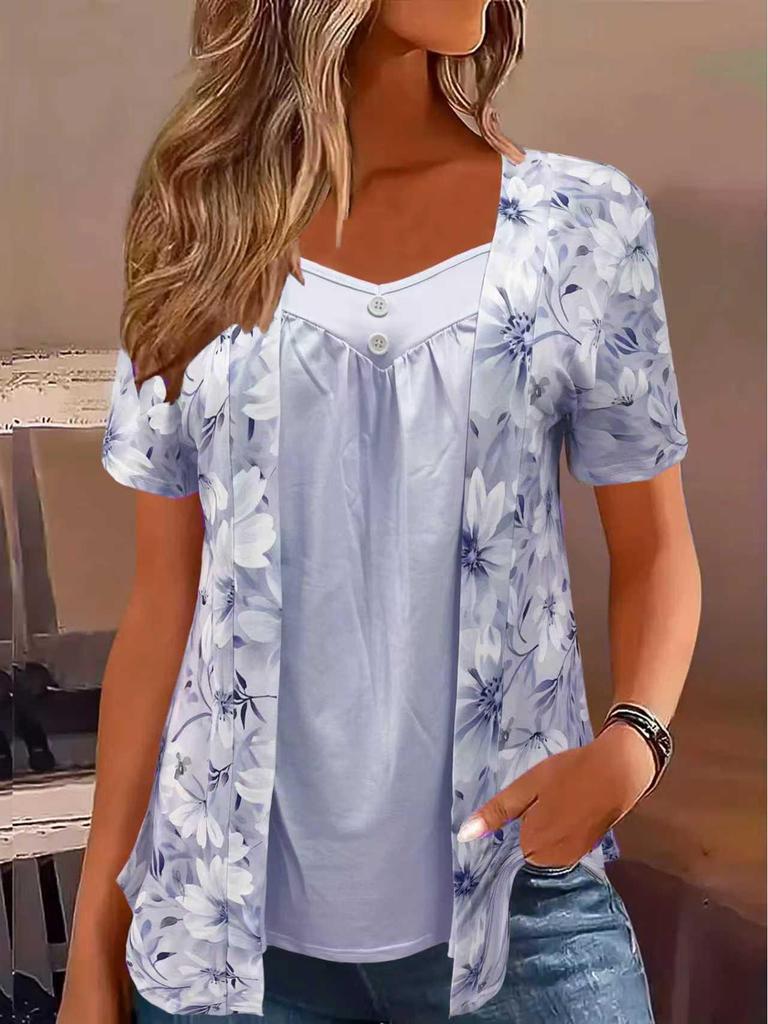 2025 Spring/Summer Women's Fake Two-Piece Short-Sleeve Button Print Top