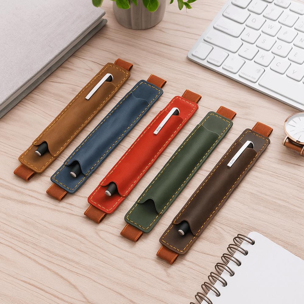 Elastic Band Pen Case Holder Crazy Horse Leather Portable Pen Pouch Leather Pencil Bag  Anime Fan