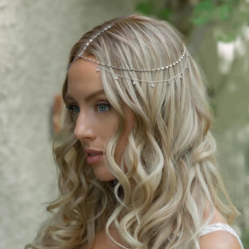 Boho Crystal Head Chain Wedding Hair Accessories Elegant Headpiece Bling Bridal Forehead Chain Indian Jewelry Gifts