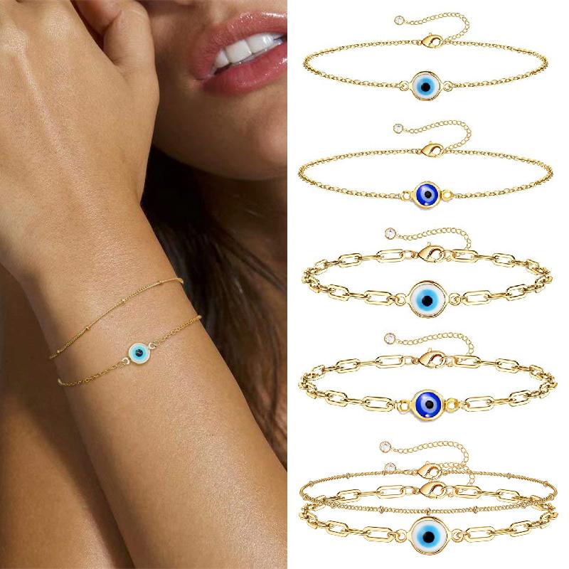 Handmade Stainless Steel Turkish Evil Eye Gold Color Bracelet Chain For Women Men Good Luck Fashion Jewelry Party Gift