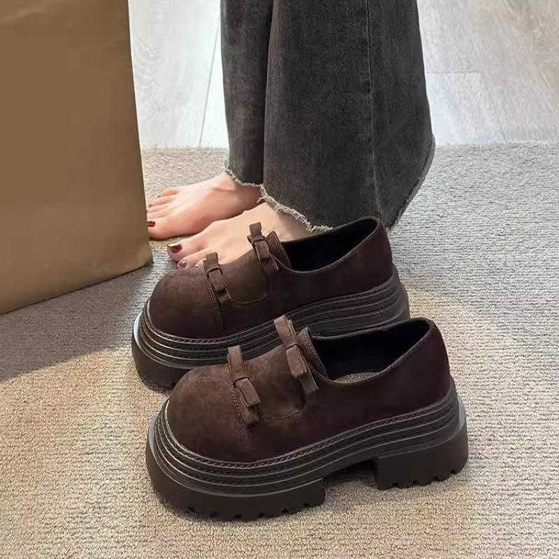 Casual thick-soled women's autumn new bow matte leather thick-soled heightening small leather shoes
