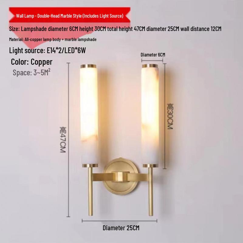 Elegant All-Copper Marble Wall Lamp for Living Room, Hotel, or B&B Corridor/Bedsides