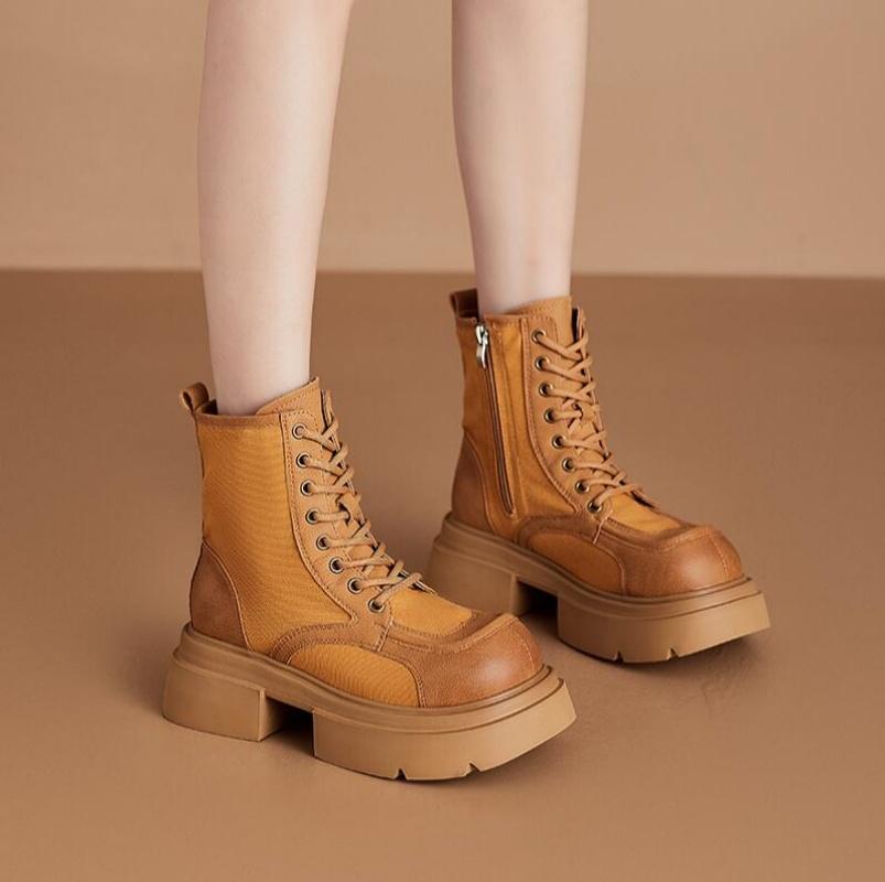 

Genuine Leather+Canvas Fashion Platform Wedges Shoes Women s Boots Non-slip Wear-resistant Soft Bottom Ladies Casual Boots 39