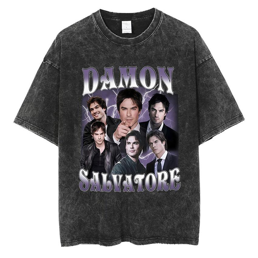 Damon Salvatore Grafica Vintage Lavata Maglietta Uomo Donna Abbigliamento Moda Harajuku T-Shirt Larga Oversize Manica Corta Magliette