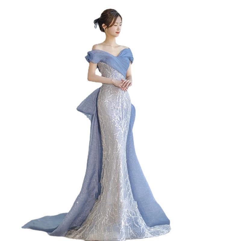 Light Blue Banquet Dress, Heavy Industry Bead Super Fairy Light Luxury Fishtail Skirt, Toast Dress, Annual Meeting One-word Shoulder Catwalk Dress