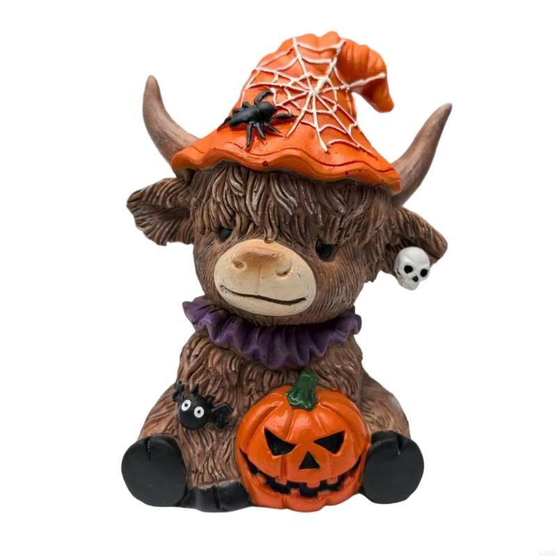 G8DA Resins High Land Cow Statue with Skull Pumpkin Halloween Tabletop Decoration Gift