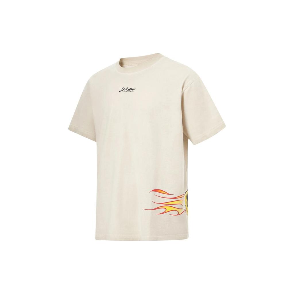 Li Ning Printed Letter Round Neck Loose Short Sleeve T-Shirt Unisex Tops Oatmeal-Gray AHST677-1