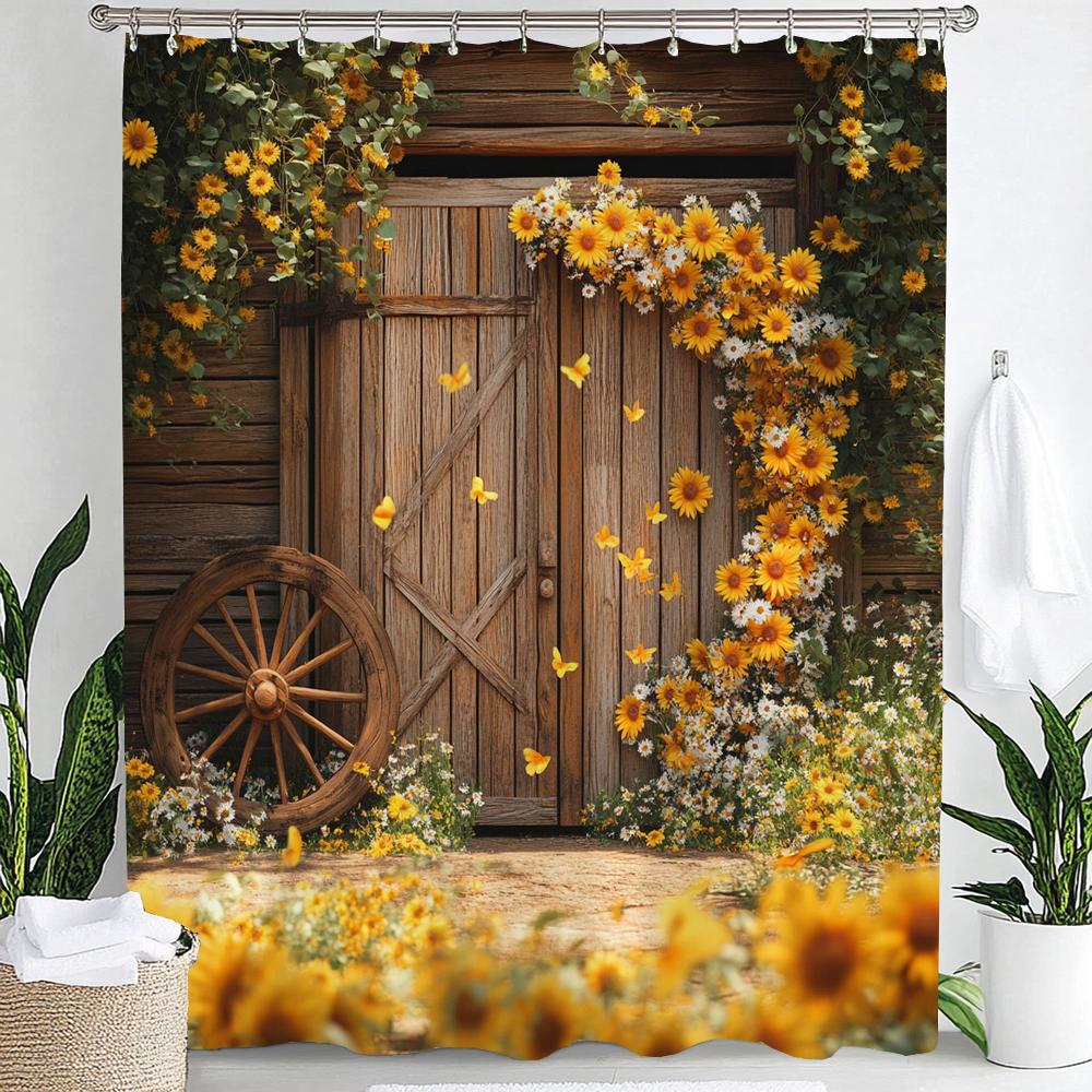 1pc Country Farm Barn, Flower Sunflower Print Waterproof Shower Partition Privacy Hanging Curtain with Hooks Machine Washable
