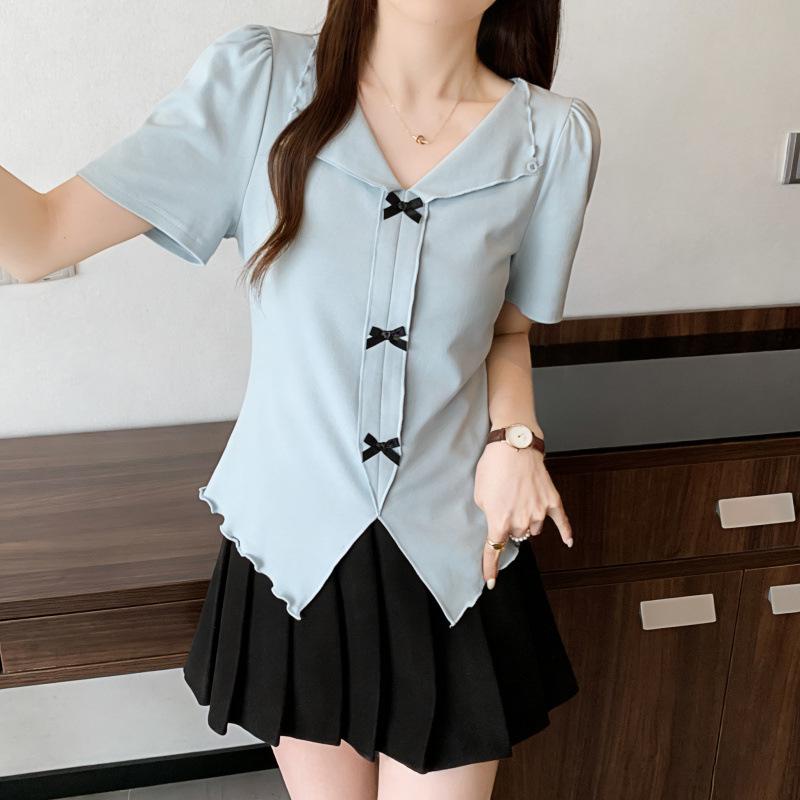 

2026 Summer Plus Size Square Neck Short Sleeve Slim Fit Bowknot Top 2XL синій