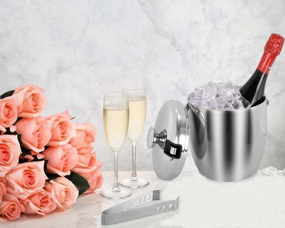 Stainless Steel Insulated Double-Layer Ice Bucket with Lid & Handle