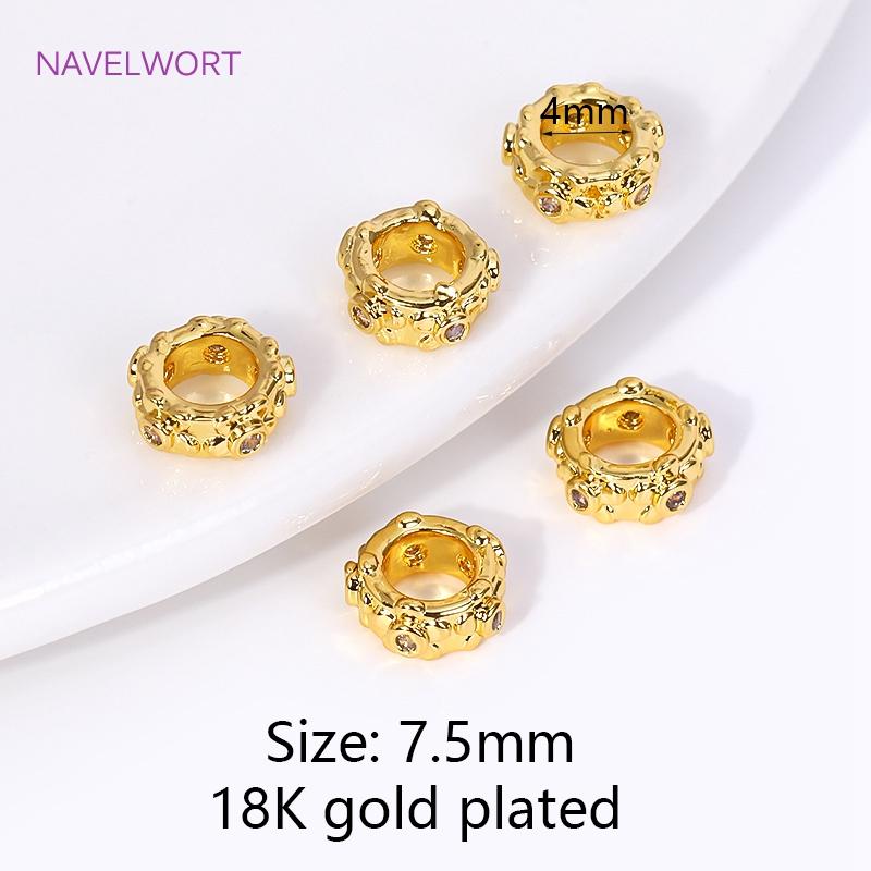 Brass 7.5mm 18K Gold Plated Round Big Hole Spacer Beads,Inlaid Zircon Spacer Beads For Bracelet Necklace Making Fittings 4 pieces