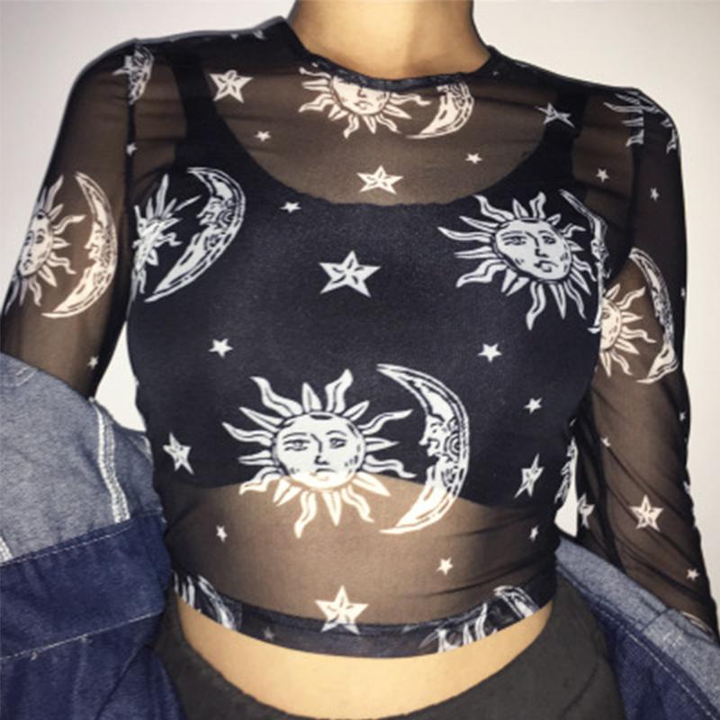 

Женские сексуальные сетчатые топы в стиле Харадзюку, прозрачная футболка с длинными рукавами, прозрачная футболка с принтом Солнца, Луны, звезд, женская клубная одежда M чёрный