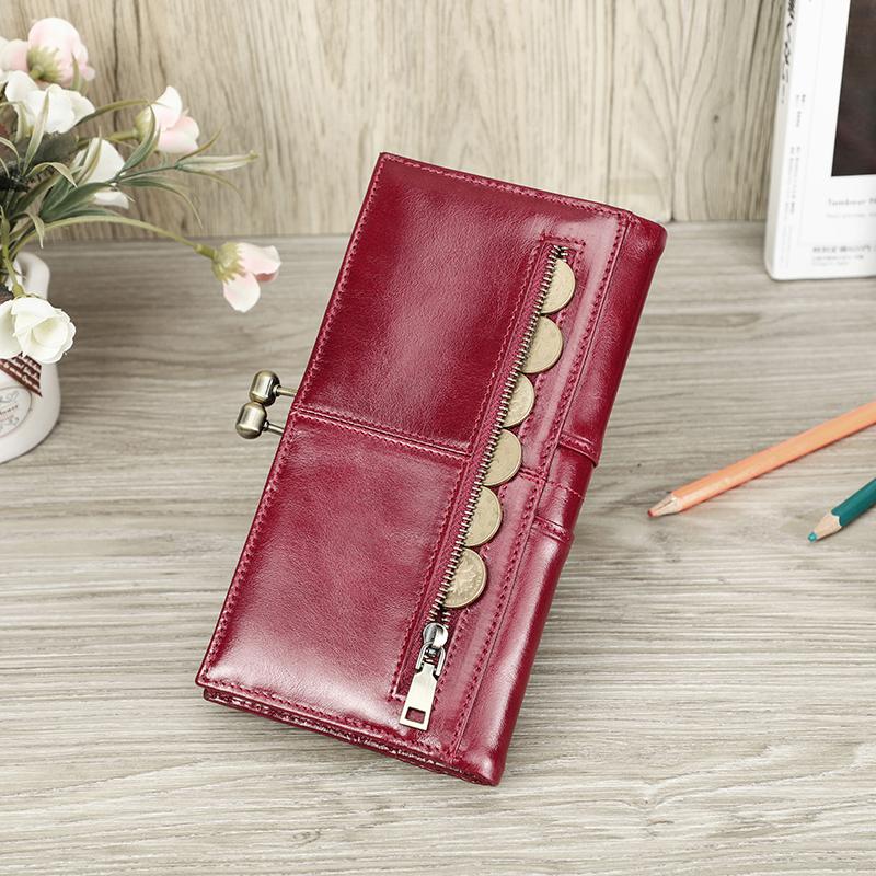Lange Geldbörse aus echtem Leder für Damen, Geldbörse mit Metallrahmen, Kartenhalter, Haspe und Münzfach mit Reißverschluss, für 6,7-Zoll-Telefon, RFID-Geldbörse