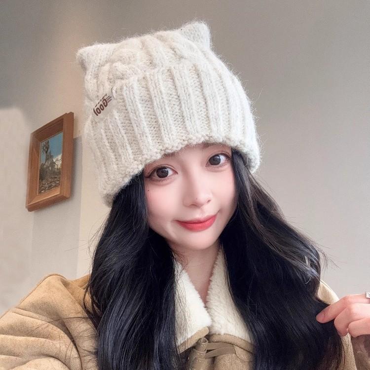 Japanese cute cat ear knitted wool hat children's season sweet versatile thickened warm ear protection pullover hat tide