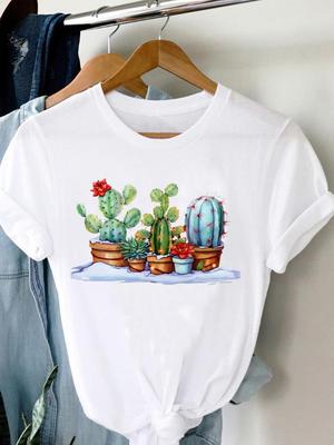 (Asiatisk storlek) Kvinnor Kaktusväxt Trend Söt 90-tals kortärmad modetryck Lady Tee Top Kläder Fritidströja Grafiska T-shirts kvinnor