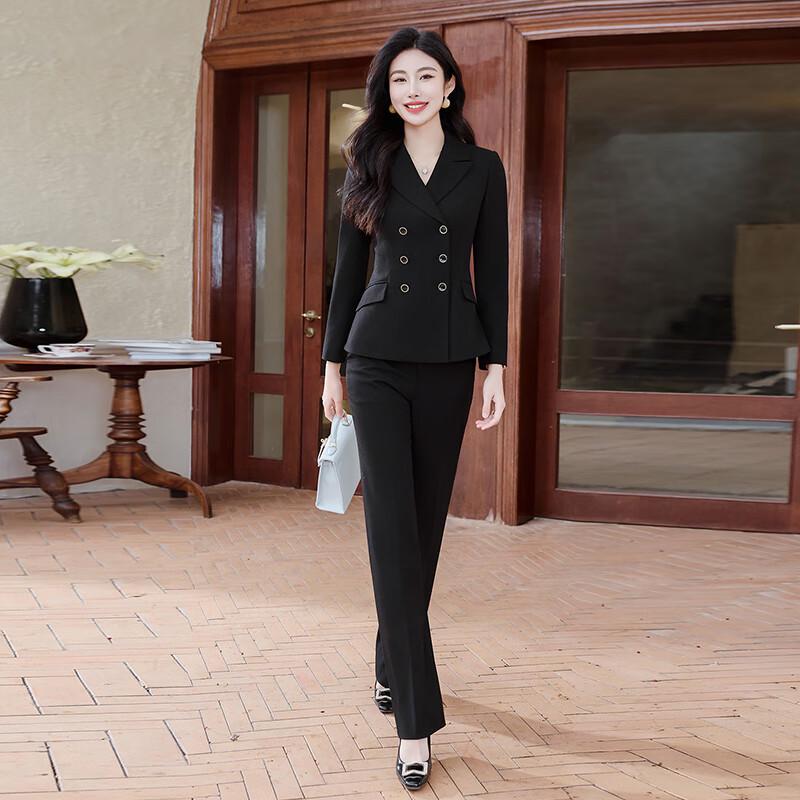 Troloman Women's Elegant Double-Breasted Two-Piece Suit Set