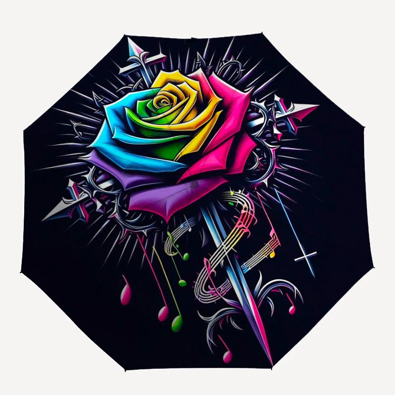 1 шт. Зонт с рисунком «Роза и музыка» Автоматическое открытие и закрытие, Высококачественный зонт, Идеальный подарок для нее 200