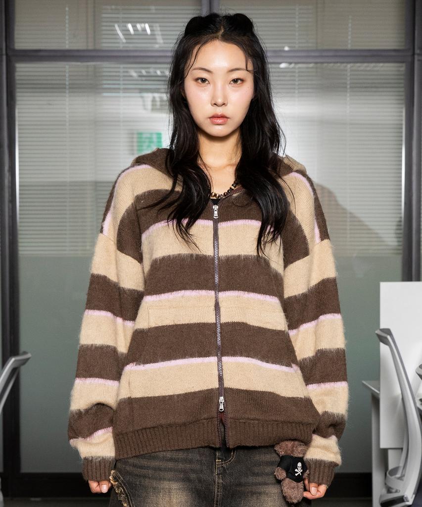 Xtonz Xtk108 Trist Stripe Mohair Knit Zip-Up Hoodie (Brown)